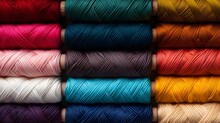 Threads In A Tailor Textile Fabric Background With Colorful Cotton Threads Of All Colors
