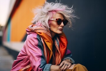 Wall Mural - Fashionable young woman with pink hair and sunglasses posing on the street.