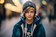 Portrait of a young boy in a winter hat on the street.