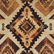 A brown and tan rug with a pattern of triangles and squares. The rug is made of a woven material and has a rustic feel