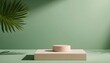 © Turan - Minimal abstract background for the presentation of a cosmetic product. Empty premium podium with a shadow of tropical palm leaves on a green background. Showcase, display case.
