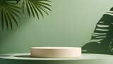 Fototapeta Przestrzenne - Minimal abstract background for the presentation of a cosmetic product. Empty premium podium with a shadow of tropical palm leaves on a green background. Showcase, display case.
