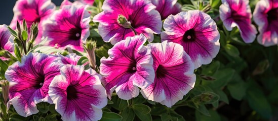 Sticker - A variety of magenta and pink petunias, a type of flowering plant, are blooming in the garden, creating a colorful and vibrant display of terrestrial plants