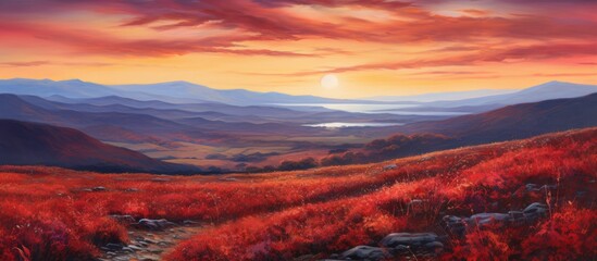 Wall Mural - A breathtaking painting capturing the afterglow of a sunset over a valley, with mountains in the background, creating a stunning natural landscape