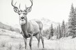 A pencil drawing of a male deer in a field, with mountains and trees. Detailed fur, antlers, and muscles. Lifelike image with depth in the background.