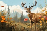 Fototapeta  - A magnificent deer standing gracefully in a lush meadow, with vibrant wildflowers and tall grass all around. The sun is shining brightly as the deer gazes directly at the camera.