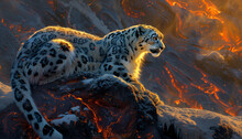 A Snow Leopard Perches On A Snowy Outcrop, With A Dramatic Backdrop Of Glowing Lava