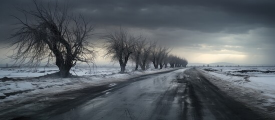 Wall Mural - A freezing atmosphere on a cloudy day, with snow covering the road and trees lining the asphalt landscape. The automotive tires crunch on the icy road surface under the cloudy sky