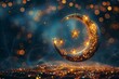 Ramadan illustration, festive Muslim Islamic bright crescent moon on bokeh background