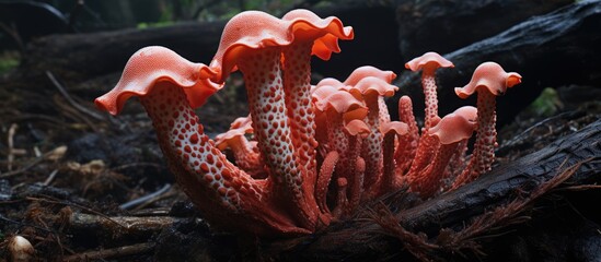 Poster - Clusters of vibrant red mushrooms sprout from a terrestrial plants branch, creating an artistic display in nature. This event showcases the fascinating science behind fungi growth