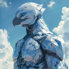 Ai cyborg hawk wearing chrome plated armor	
