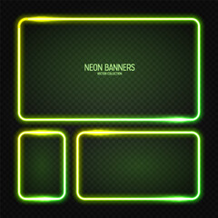 Wall Mural - glowing neon banners, illuminated colorful square frames. shiny vibrant border, glow effect. green v