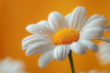 Wall Mural - A close up of a white flower with a yellow background, daisy on yellow background with copy space