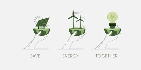 Wall Mural - Set of Hands holding a green globe, earth. Green Renewable Energy Concept concept. Sustainable ecology and environment conservation concept design. Vector illustration.