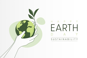 Aufkleber - Happy Earth Day. Growth Plant from Earth Globe. Sustainable ecology and environment conservation concept design. Vector illustration.