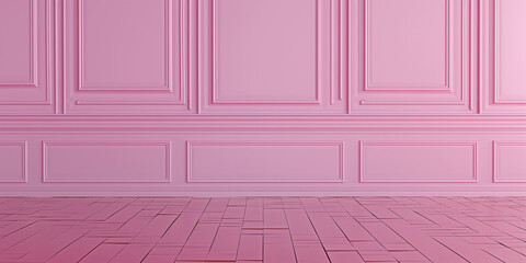 Monochromatic Pink Interior with Classic Wall Paneling and Herringbone Flooring. Banner with copy space