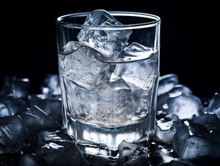 Poster - Ice cubes in a glass on a black background. Toned.