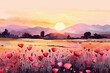 Sunset meadow and poppies watercolor painting - wall art for home decor and printable artwork
