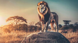 Majestic lion standing on a rock with the savanna and acacia trees in the background during sunset