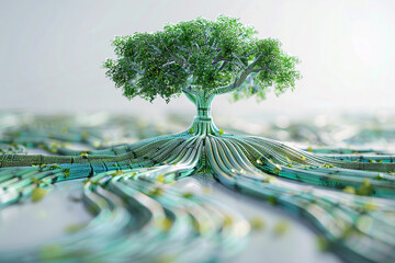 Canvas Print - technological trees growing on network lines, arbor day green energy smart agriculture concept illus