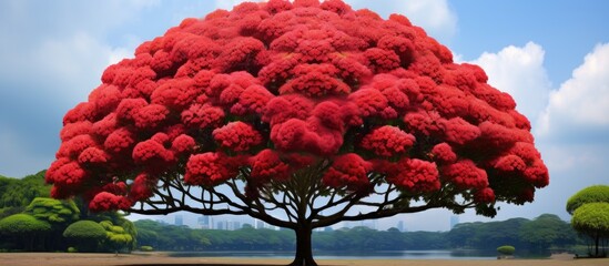 Poster - A beautiful tree with vibrant red flowers stands in a lush green field under a clear blue sky. The natural landscape is a work of art with clouds floating above and water nearby