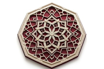 burgundy and beige islamic octagonal ornament with curved pattern on white background