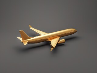 minimalist cartoon 3d gold airplane, dark grey background