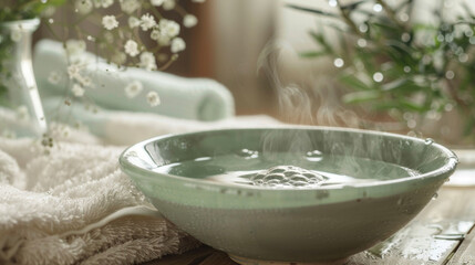 Wall Mural - A bowl filled with steaming hot water and a few drops of eucalyptus oil creating a theutic and decongesting steam for respiratory health.