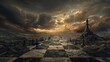 Dramatic chess game on a stormy backdrop - Striking image of chess pieces on a board set against a tumultuous sky, symbolizing conflict