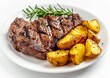 © Astock Media - Grilled beef steak and potatoes on a white plate. The beef is golden brown with caramelized edges, and the potatoes are a warm, golden color
