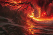 A cresting wave illuminated from beneath by an eerie red glow simulating the ocean above an underworld the waters surface reflecting the flames of hell
