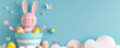 Cute pink bunny rabbit with easter egg basket blue background handcraft 3d easter copy space illustration