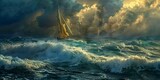 Fototapeta  - sailboat stormy ocean sky stray realms clouded torrent hydrogen ray golden sunlight fear steams instinct fails ship