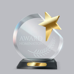 Wall Mural - Glass award trophy with golden star realistic vector illustration. Round clear reward with laurel on podium 3d model on light background