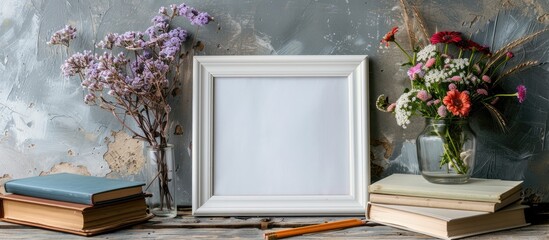 Sticker - A rectangular picture frame made of wood is displayed on a table next to books and flowers. The room is decorated with a plant and petals