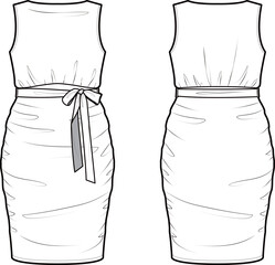 
Technical flat sketch of Boat neck bodycon mini dress. Sleeveless dress with cowl neck and waist ribbon tie straps. Front and back apparel. Vector mock up Template. 
