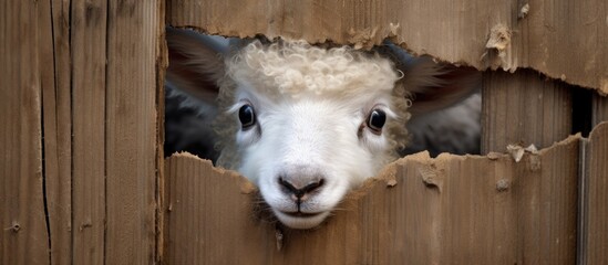 Poster - A Canidae breed dog is watching a Terrestrial animal, a sheep, sticking its head through a hole in a hardwood fence. It is a cute event in the livestock farm