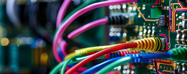 A macro shot of a circuit board with colorful wires and components