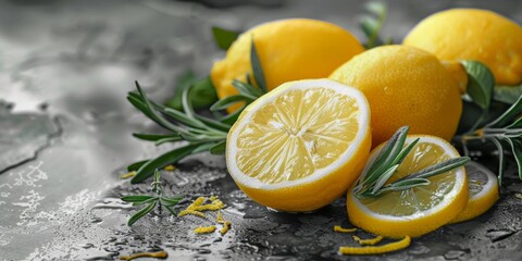 Ripe yellow lemons and green rosemary sprigs on a moist, reflective gray background.