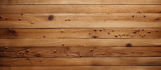 Wall Mural - A detailed shot of a brown hardwood plank wall with nails, showcasing the intricate pattern of the wood grain and construction of the building