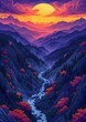 mountain river sunset gradient purple bright cascadian mana flowing evergreen valley
