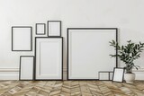 Fototapeta  - Empty picture frame mockup on wooden floor. Living room design with scandinavian style interior with artwork mock up on white wall. 3D rendering