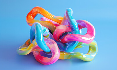 Poster - the colorful swirling cord, 3d rendered on blue background, rounded forms, sculptural installation, pastel academia, unconventional poses, intertwined networks, bold color blobs