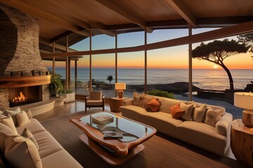 Canvas Print - Ocean front mansion house living room sunset