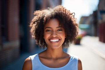 Sticker - Black woman smiling happy face portrait on a street