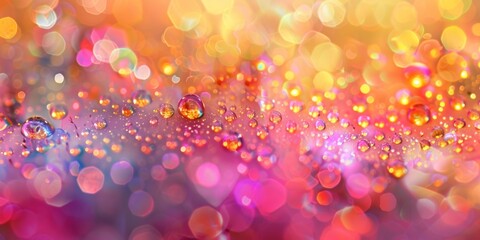 Colorful macro photography of water drops on a glittering, bokeh background with vivid hues.