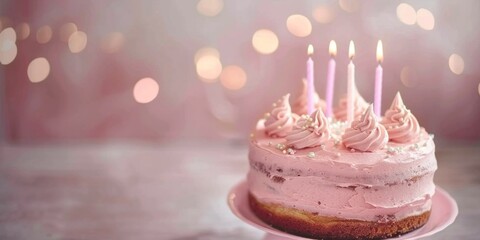 Poster - A delicate pink frosted birthday cake adorned with candles and shimmering sprinkles, capturing a celebration moment.