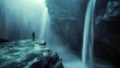 A solitary figure stands at the edge of a rocky cliff, gazing at a majestic waterfall. The waterfall cascades down a dark, vertical rock face into an obscured misty base. Sunbeams break through the up