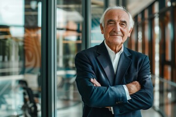 Wall Mural - Portrait of successful mature boss, senior businessman in business suit looking at camera and smiling, man with crossed arms working inside modern office building, Generative AI