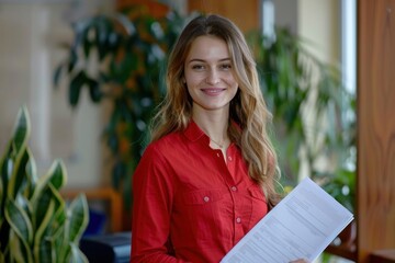 Wall Mural - Portrait of young beautiful female financier in red shirt inside office at workplace, business woman smiling happy looking at camera, holding papers, folder documents, Generative AI